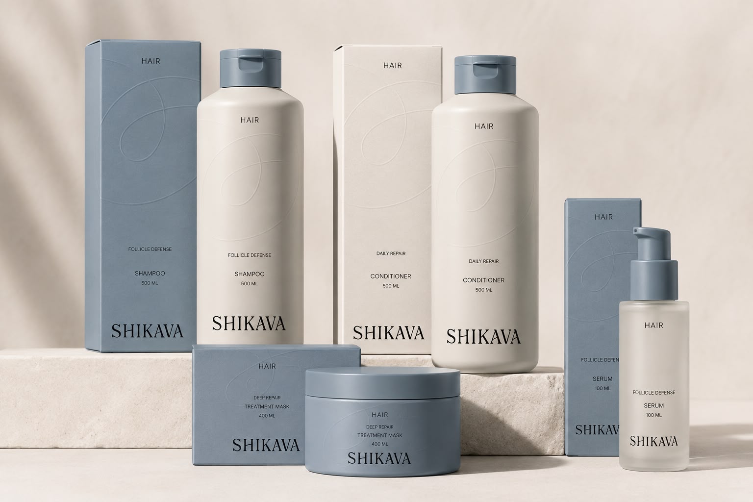 The Shikava Hair range arranged on stone steps