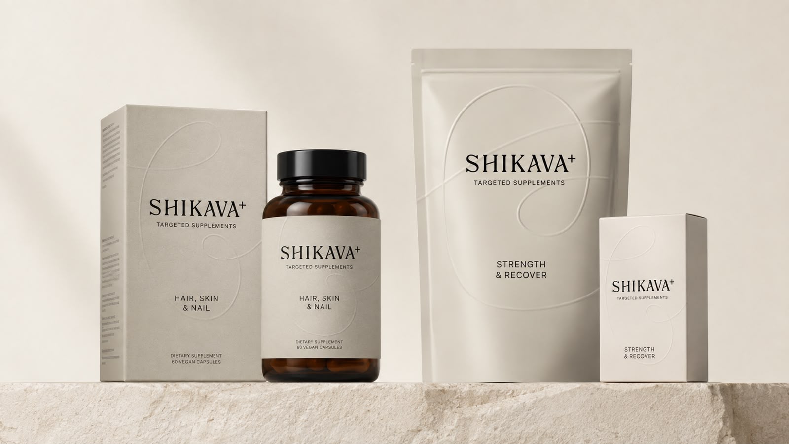 The Shikava+ supplement range arranged on stone